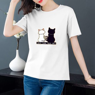 [กรอกโค้ด SMAJUNE06 รับส่วนลด 40%] NEW รุ่น A-113เสื้อยืดแฟชั่นผู้หญิง แขนสั้น ลายแมวคู่น่ารัก สวมใส่สบาย
