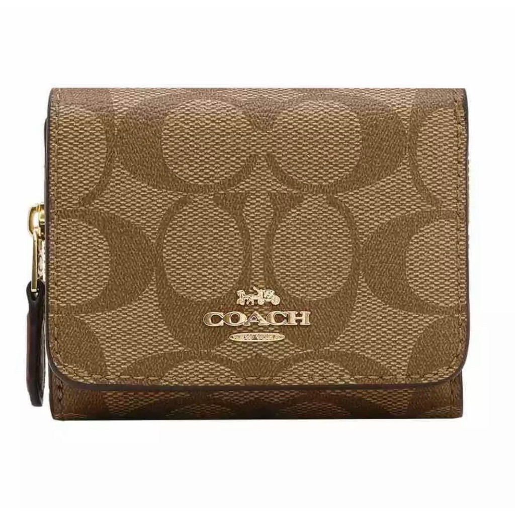 Coach กระเป๋าสตางค์ใบสั้น 3 พับ  SMALL TRIFOLD WALLET IN SIGNATURE CANVAS (COACH F41302) BROWN/BLACK/LIGHT GOLD