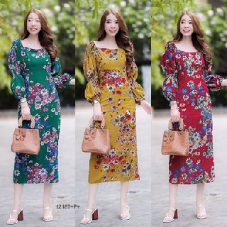 J12187 Dress เดรส คอเหลี่ยม แขนยาว ลายดอก