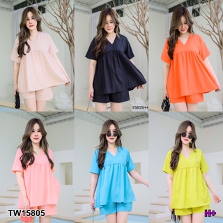 TwinsShopVip💗พร้อมส่ง TW15805 Set #สาวอวบ เสื้อคอวีจั๊มใต้อก+กางเกงขาสั้น V-neck jumper + shorts