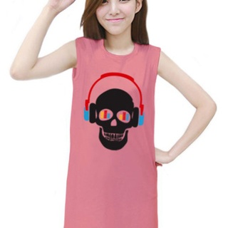 เสื้อยืดแฟชั่น ตัวยาว / แซกสั้น แขนกุด ผ้านุ่ม ลาย Skull I (สีโอรส)