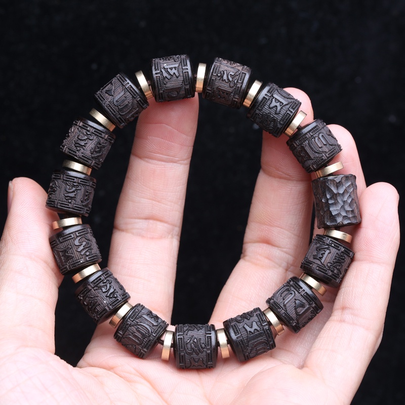 สร้อยข้อมือมนต์หกตัวอักษรไม้มะเกลือธรรมชาติ 12 มม.ลูกปัด Unisex