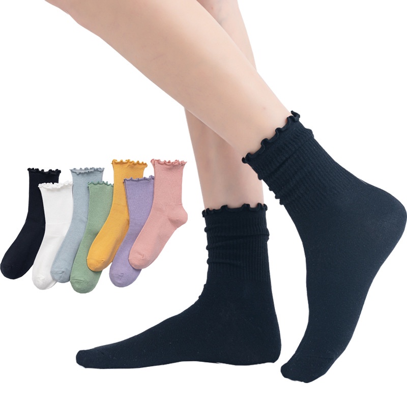 ถุงเท้า ผ้าฝ้าย แต่งลูกไม้ สีพื้น แฟชั่นฤดูใบไม้ร่วง สไตล์เกาหลี และญี่ปุ่น สําหรับผู้หญิง - รูปที่ 3