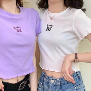 💘พร้อมส่ง💘เสื้อยืดสั้นเอวสูงครอปแขนสั้นปักลายผีเสื้อทุกตัว