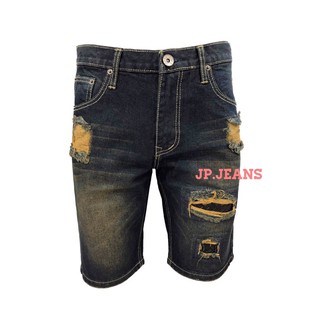 Jp.Jeans shorts mens กางเกงยีนส์ขาสั้นชาย ผ้ายืด เป้าซิปแต่งขาดปักหนังงานขาดเซอร์ สวมใส่สบาย Size 28-36