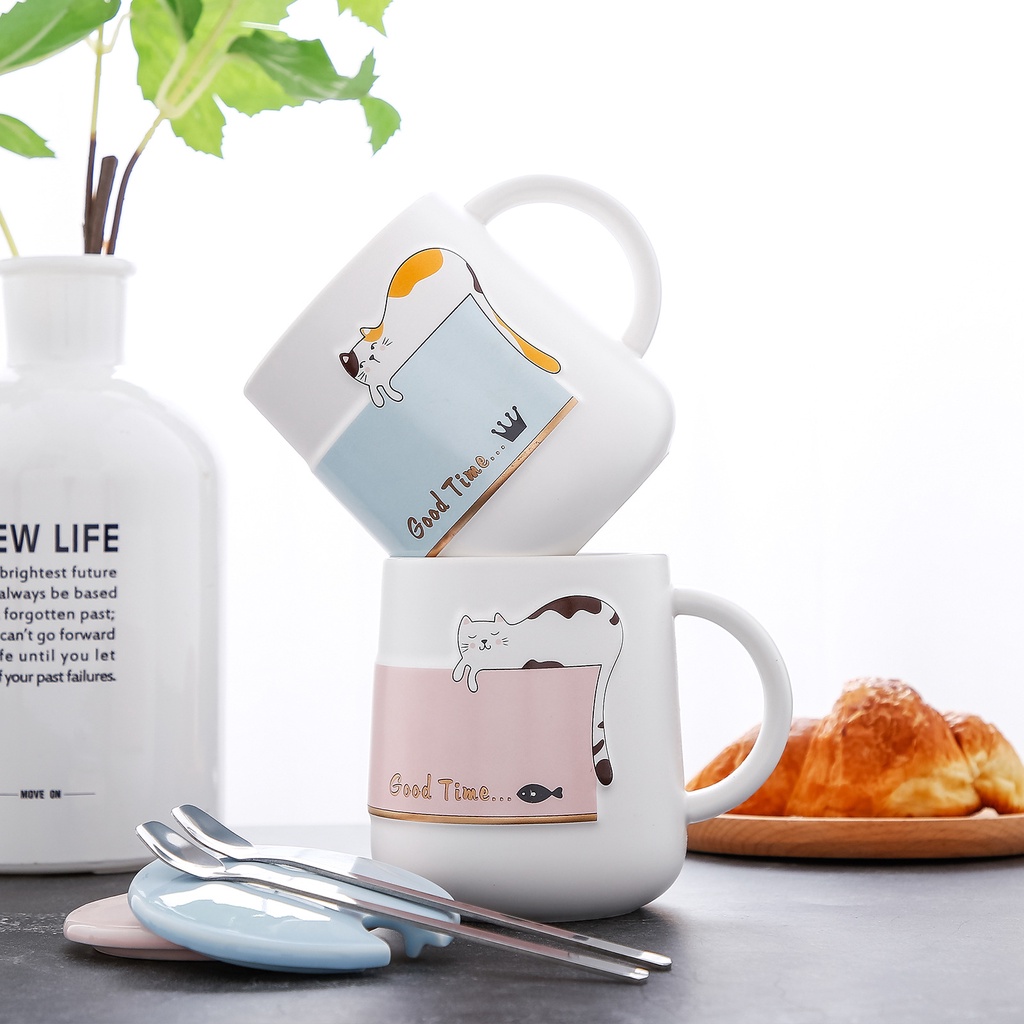 แก้วเซรามิก เซรามิก ฝาปิดเเถมช้อน ชุดแก้วกาแฟรูปแมวน่ารัก
