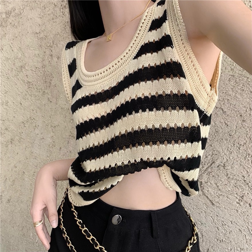 พร้อมส่ง เสื้อไหมพรมทอลายทาง คอกลมทูโทนน่ารักสไตล์เกาหลี - kabby - ThaiPick