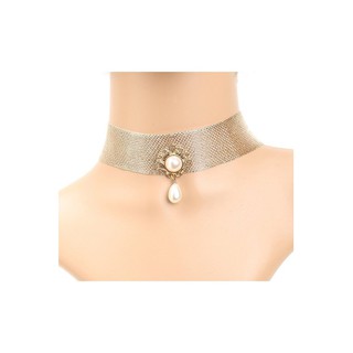 TANITTgems Vintage White Pearls French Gold Fabric Necklace