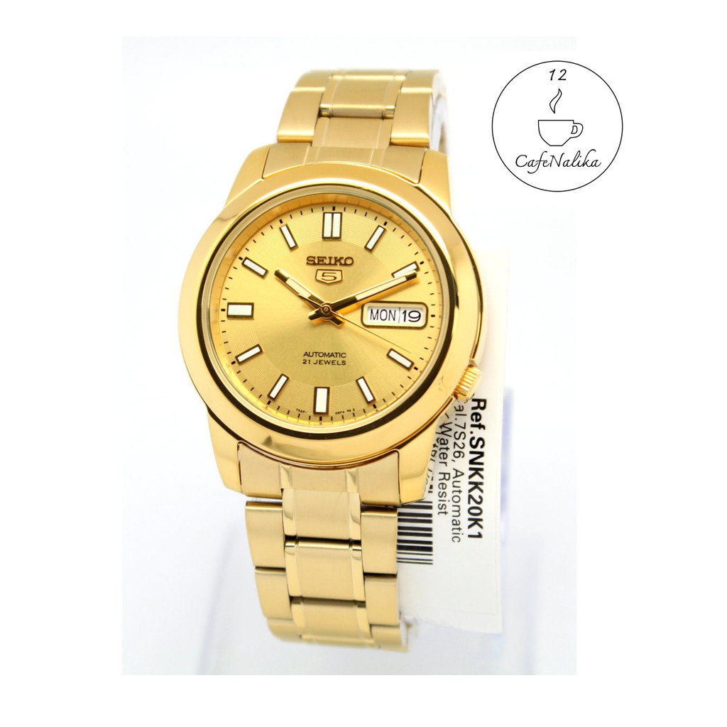 นาฬิกา ไซโก้ ผู้ชาย Seiko 5 รุ่ย SNKK20K1 Automatic 21 Automatic Men's Watch Stainless Gold หน้าปัทม์สีทอง สายสีทอง  ของ