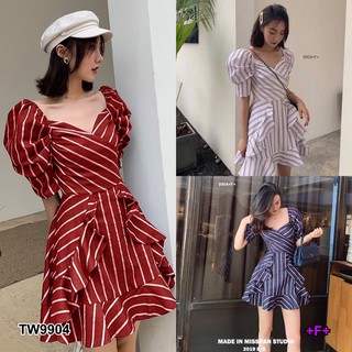 J9904 Dress เดรส ลายริ้ว คอเหลี่ยม ระบายย้วย Striped, square neckline, ruffled dress