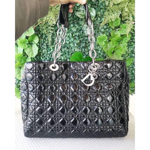 Christian​ Dior​ Shopping Cannage Soft Black Patent Leather Tote Bag