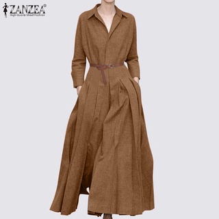 ZANZEA Women Vintage Daily Full Sleeve Pleated Big Swing Solid Color Maxi Dress