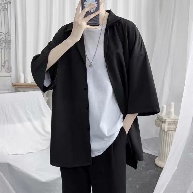 เสื้อผ้าผู้ชาย สไตล์ฮ่องกงญี่ปุ่น แขนครึ่ง ฤดูร้อน ไซส์ S-3XL ทรงอินเทรนด์ บาง