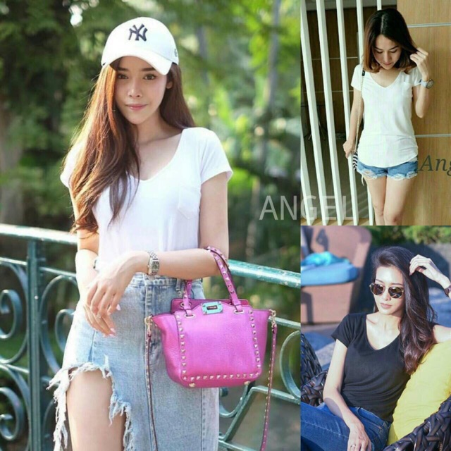 TOPSHOP❤️ T145 เสื้อยืดคอ V มีกระเป๋า ผ้าเรย่อน แขนสั้น