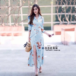 เดรสยาว พิมพ์ลายดอกไม้ ผ้าวูลพีช
