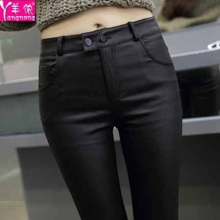 S-2XL Plus ขนาดหนังเคลือบกางเกงสาวเอวสูง Frosted Slimmer ดูกางเกงผอมอินเทรนด์คู่ปุ่มเดี่ยวสีดํา Slim-fit กางเกงด้านนอกสวมใส่กางเกงขายาว Matte ขนแกะซับ