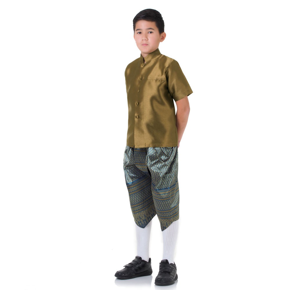 ชุดไทยเด็กชายเสื้อราชปะแตนแขนสั้นผ้าไหมเทียมและโจงกระเบน