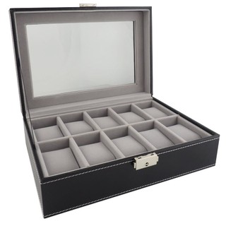 Watchbox กล่องนาฬิกาไม้บุหนัง สำหรับนาฬิกา 10 เรือน มีกุญแจล๊อค สีดำเทา