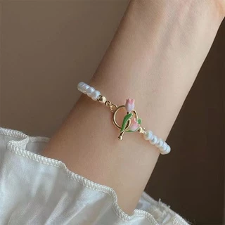 ใหม่ เครื่องประดับ สร้อยข้อมือ จี้ดอกทิวลิป ดอกกุหลาบ สีชมพู ประดับไข่มุกเทียม แฟชั่นฤดูร้อน สําหรับผู้หญิง