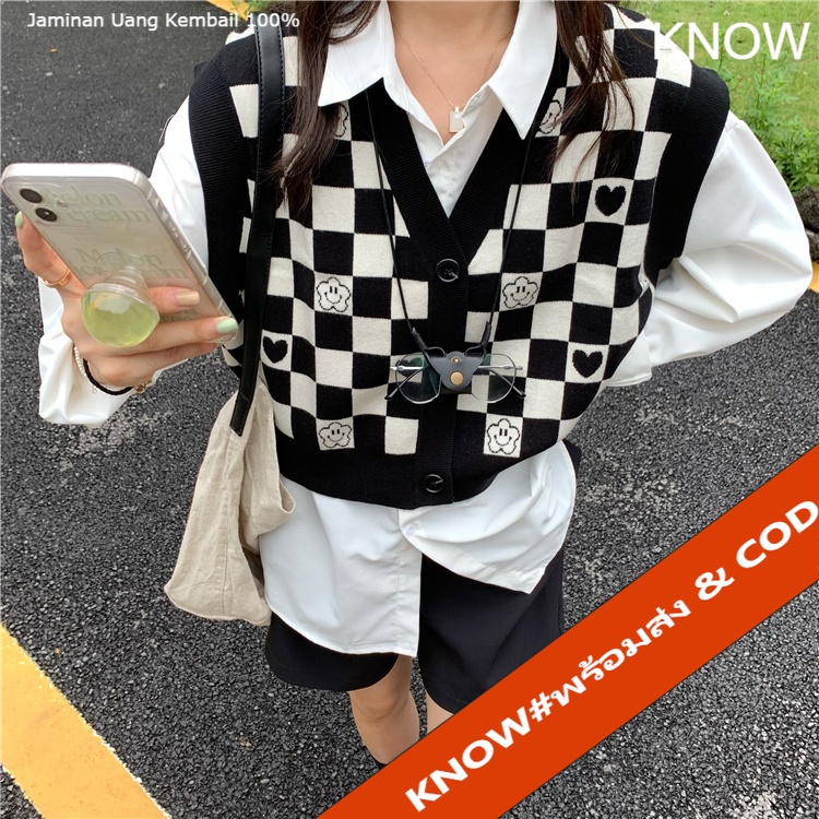 KNOW 32068 เสื้อกั๊กผ้าถักลายสก็อตสไตล์เกาหลีสําหรับผู้หญิง เสื้อกั๊กเสื้อคาร์ดิแกนถัก สุดน่ารัก แฟชั่นวัยรุ่น