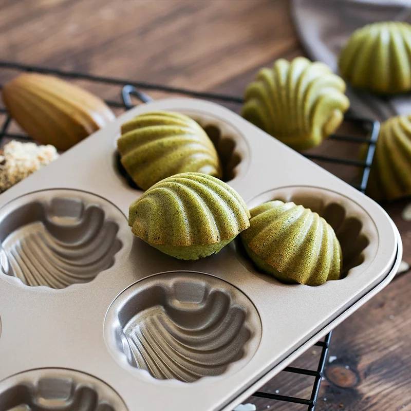 ถาดอบขนม พิมพ์ขนมเค้ก 6 หลุม เคลือบ Non-stick ลายหอยShell  สีทอง - รูปที่ 5