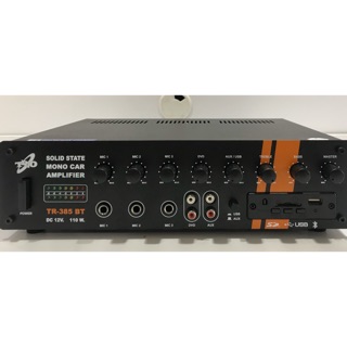 เครื่องขยายเสียง  TR-385 BT มีช่องเสียบไมค์ 3 ช่อง เล่นSD/USB มีช่องเสียบ DVD/AUX ใช้ไฟ Dc 12v