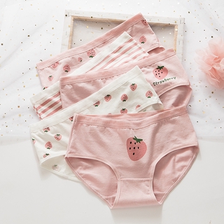 Pink strawberry cotton underwear womens middle waist cute girl student pants head breathable triangle shorts womens new style