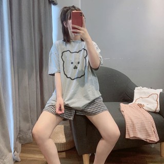 พร้อมส่ง🐻ชุดเซต2ชิ้น เสื้อ+กางเกงขาสั้น  กางเกงลายสก๊อต หมีน่ารักชุดเซตใส่อยู่บ้าน