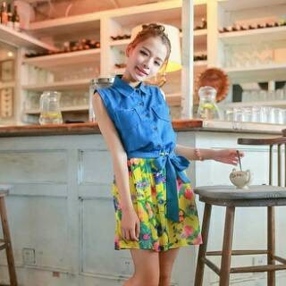 Cherry Dress (สินค้าพร้อมส่งค่ะ) ชุดเดรสเกาหลี คอปก แขนกุด ผ้ายีนส์เนื้หนาตัดต่อผ้าชีฟองพิมพ์ลายดอกไ