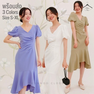 KN-2068/9424 พร้อมส่ง ชุดเดรสยาว แขนตุ๊กตา สีพื้น ทรงหางปลา Midi Dress เดรสน่ารัก ชุดทำงาน เดรสออกงาน