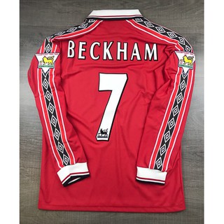 เสื้อบอล ย้อนยุค แขนยาว  แมนยู 1998 เหย้า คอซิป 7 BECKHAM อาร์มพรีเมียร์ Retro Long Sleeve Manchester United Home