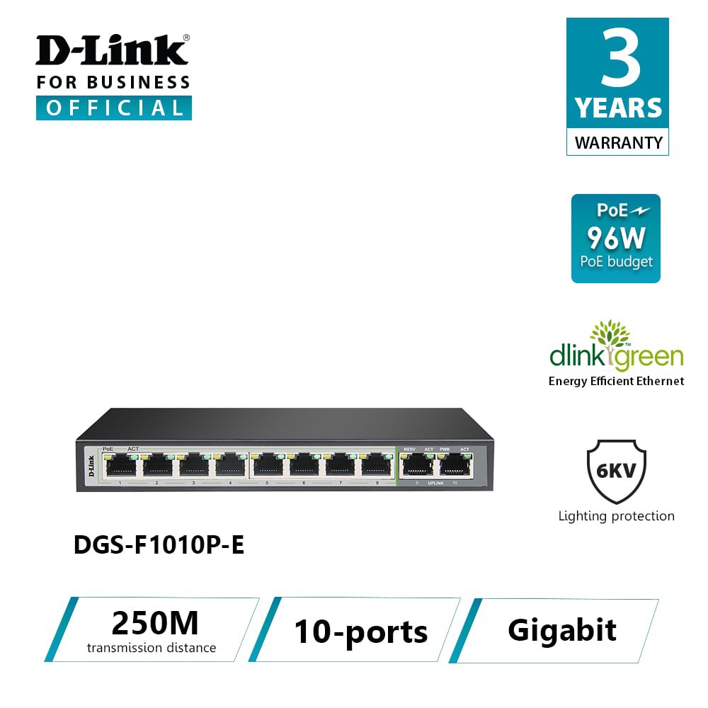 D-Link DGS-F1010P-E 250M ระยะทาง 10 พอร์ต Gigabit Network Switch พร้อม 8 PoE Total Power Budget 96W 