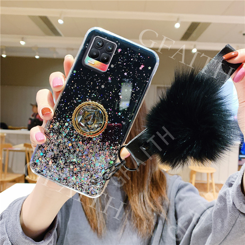 เคสโทรศัพท์ Realme 8 5G Realme8 4G 2021 Phone Case Rhinestone Ring Holder Strap Fur Ball Clear Star 