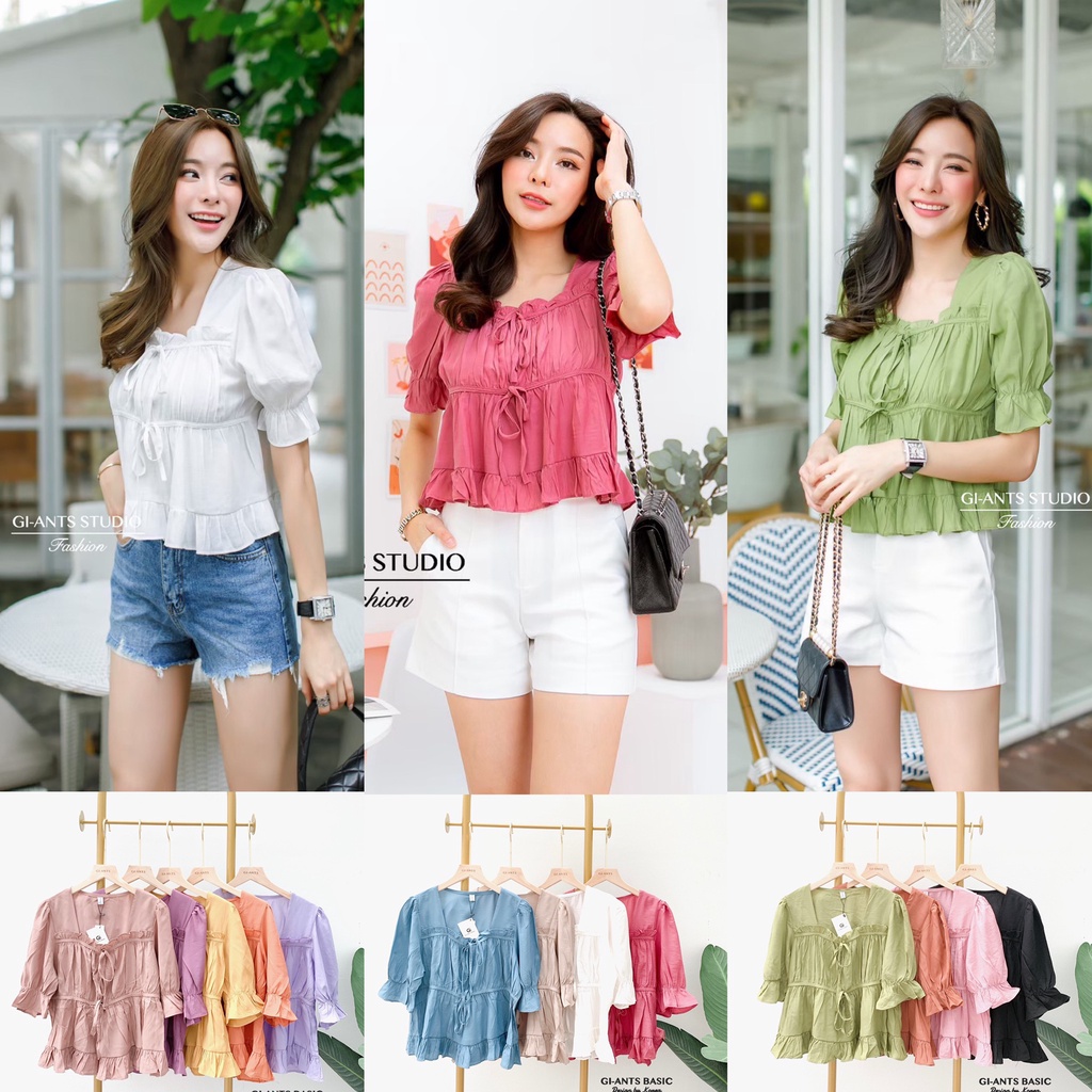 ✅Gi-ants fs-61 เสื้อคอเหลี่ยมแต่งระบายชาย ดีเทลผูกโบว์หน้า T-Shirtnista (FS-3A)