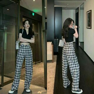 set 2 ชิ้น เสื้อครอปคอปกงานผ้าไหมพรม มาพร้อมกางเกงลายสก็อตทรงเอวสูง