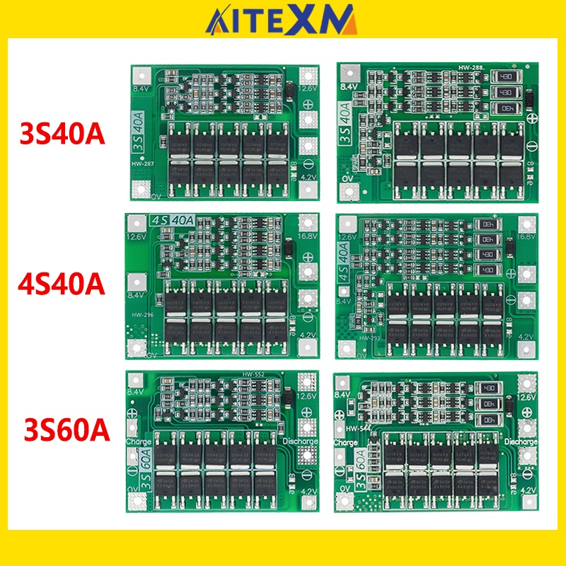 บอร์ดป้องกันที่ชาร์จแบตเตอรี่ลิเธียม 3S 4S 40A 60A Li-ion 18650 BMS สําหรับสว่านมอเตอร์ 11.1V 12.6V 14.8V 16.8V