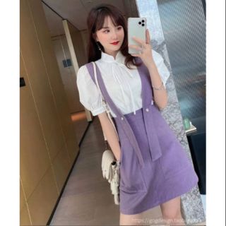 พร้อมส่ง 💜 ชุดเซ็ทเข้ากันกับ เสื้อคอเต่าสีขาวคู่กับเอี้ยมสีม่วงสดใส