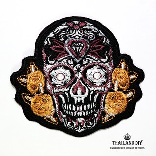 ตัวรีดติดเสื้อ กระโหลกเม็กซิกัน ตัวรีดรอยสักกระโหลก เม็กซิโก สีน้ำตาล Sugar Skull Patch งานปัก DIY ตัวรีด ติดเสื้อ อาร์ม