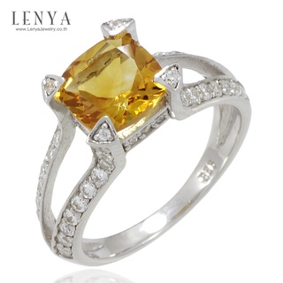 Lenya Jewelry แหวนพลอยซิทริน(Citrine)  ชูช่อสวยงามด้วยบ่าข้างประดับเพชร DiamondLike บนตัวเรือนเงินแท้ชุบทองคำขาว