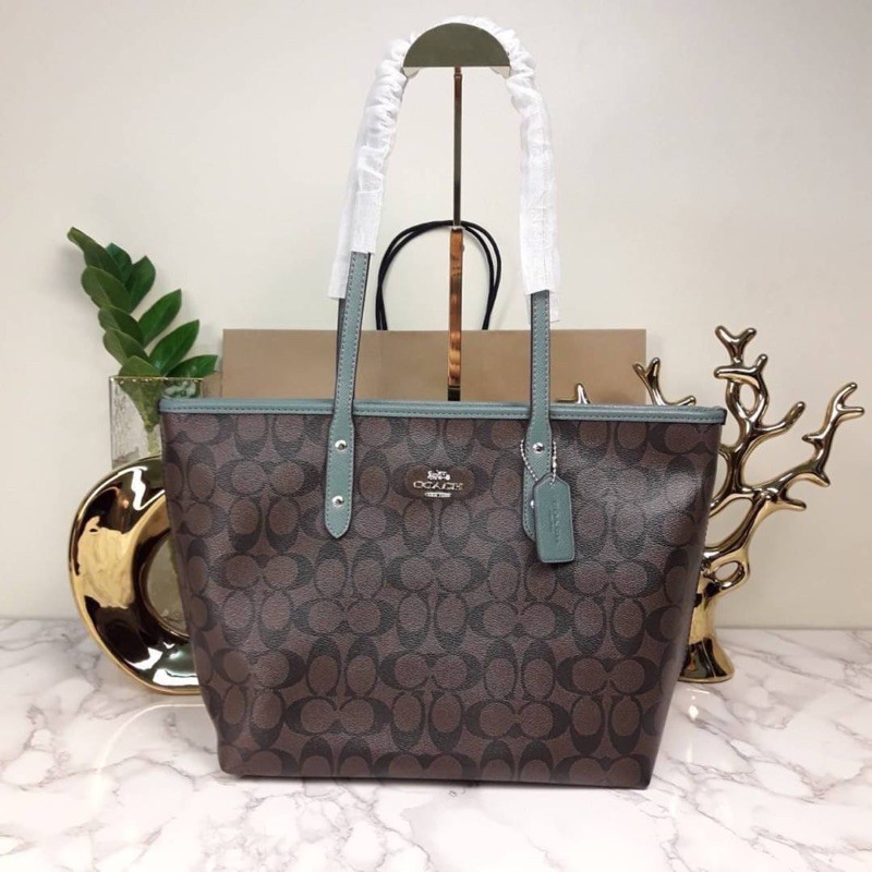 COACH CITY ZIP TOTE IN SIGNATURE COATED CANVAS (COACH F58292) 🔻COLOR : BROWN BLACK / CYAN