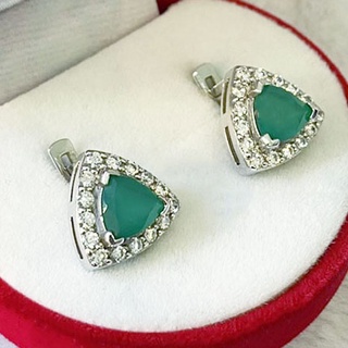 Q6430 ต่างหูพลอยโมราแท้ ( Chrysoprase ) แบบอิงลิชล็อค ตัวเรือนเงินแท้ 925 ชุบทองคำขาว