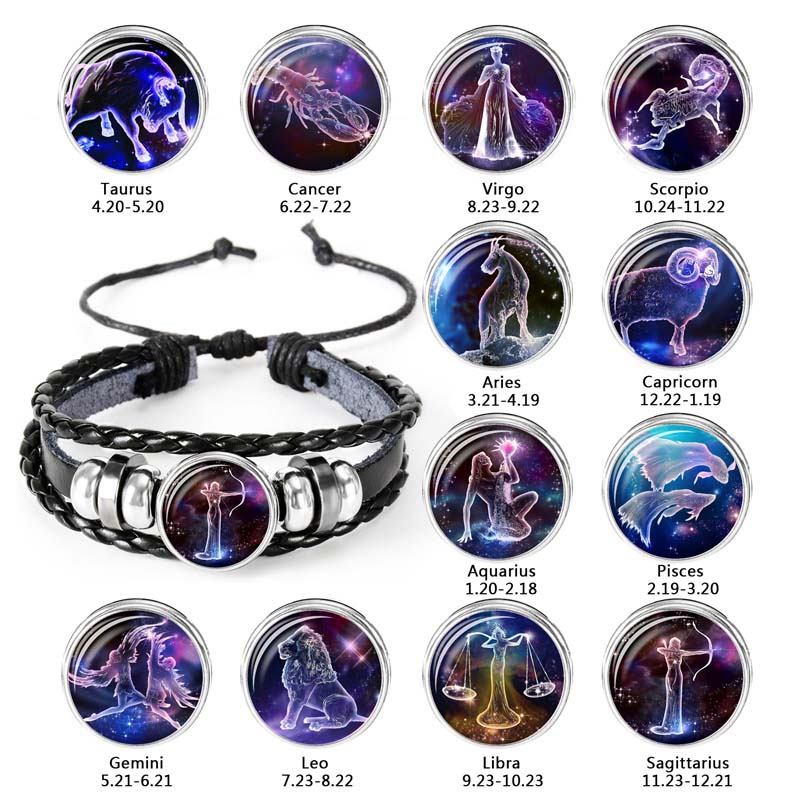 12 ราศีกลุ่มดาวปุ่มสีดําทอสร้อยข้อมือหนังแก้วโดมผู้ชาย ราศีเมษ ตุลย์ สิงห์ มะเร็งวันเกิด