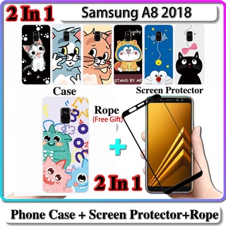 2 IN 1 เคส Samsung A8 2018 เคส พร้อมกระจกนิรภัยโค้ง เซรามิค ป้องกันหน้าจอ แมว และโดราเอมอน