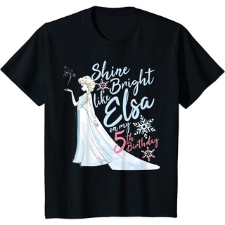 แขนสั้นcrew neckเสื้อยืดแขนสั้นลําลอง ผ้าฝ้าย พิมพ์ลาย Disney Frozen Elsa Shine Bright On My 5th Birthday แฟชั่นสําหรับผ