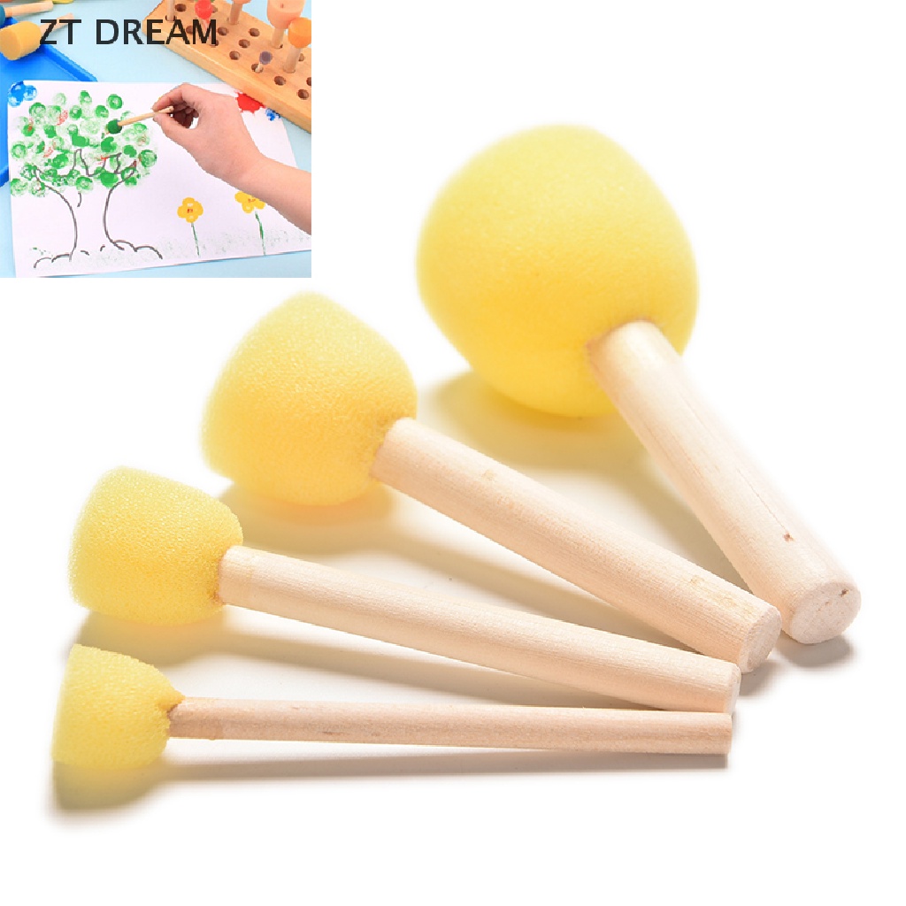ZTD 4 Pcs/set Kid Sponge Paint Brush Wooden Handle Children Painting Graffiti 4 Size 07