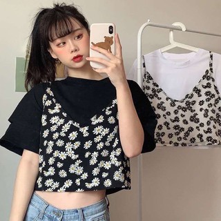 Women 🍰พร้อมส่ง🍰เสื้อยืดแขนสั้น เเต่สายเดี่ยวข้างหน้าลายดอกเดซี่ น่ารัก ชิคๆ 2j