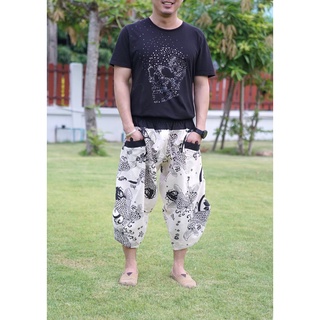 กางเกงซามูไร เอวยางยืด Samurai pants elastic waist (Unisex) (ปลาดอกขาว)