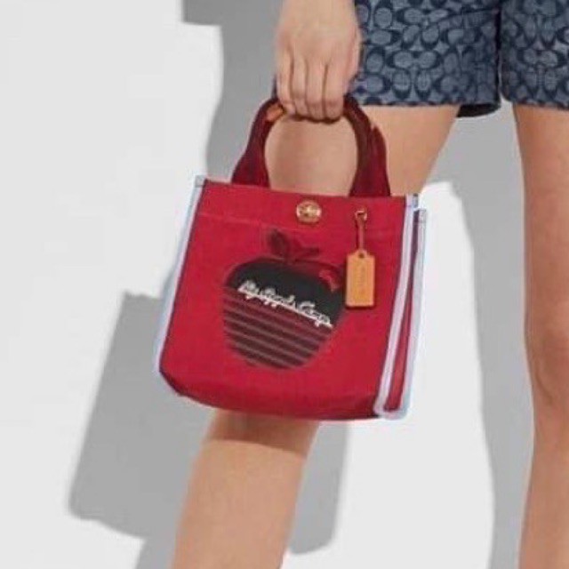 (ผ่อน0%) กระเป๋า Coach Tote 22 With Retro Big Apple Camp Print ผ้าสีแดง ลายแอปเปิล สายสะพายข้างถอดได้