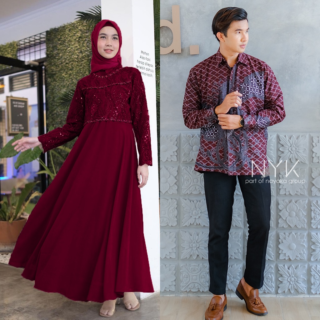 Srimbit BATIK COUPLE GAMIS LILLIANA - MAXI COUPLE TUFFLE MUTIARA - COUPLE GAMIS LEBARAN - เสื้อผ้าคร