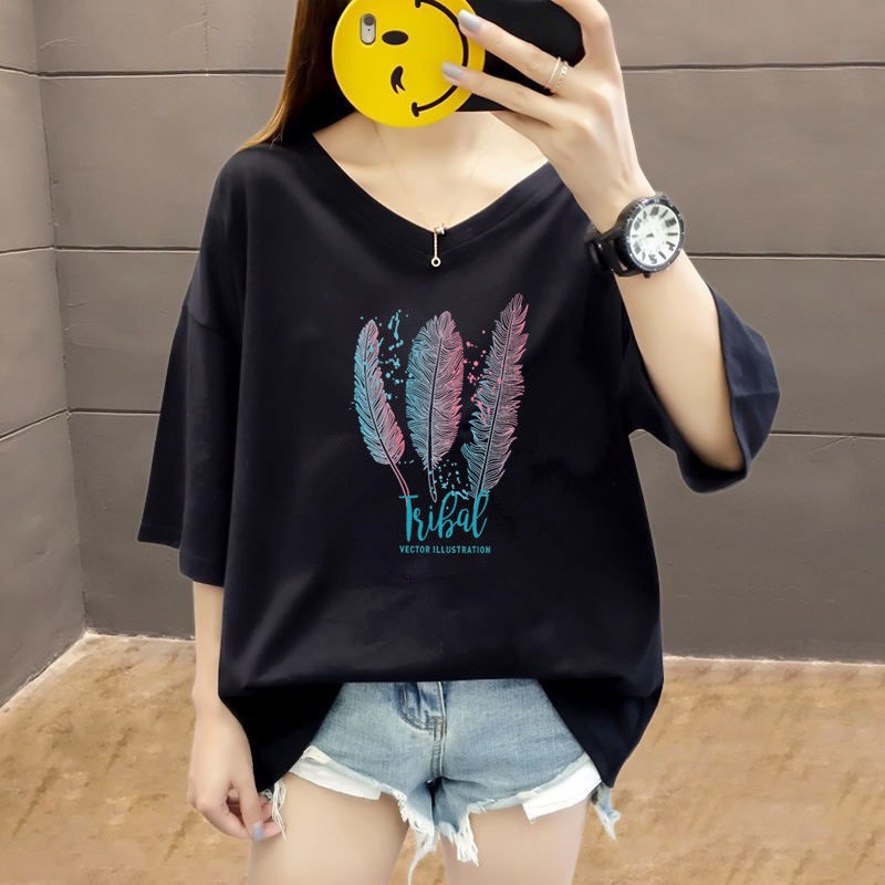 เสื้อยืดแขนสั้น คอวี ขนาดใหญ่พิเศษ แฟชั่นฤดูใบไม้ผลิ และฤดูร้อน สําหรับผู้หญิง ไซซ์ M – 5Xl มี 7 สไตล์ ราคา ถูกที่สุด ดีลบีเคเค แกลเลอรีภาพที่ 5